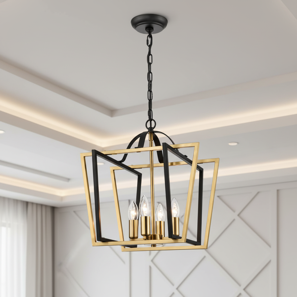 Modern black and gold geometric chandelier with four candle-style bulbs suspended from ceiling in a bright contemporary living room.