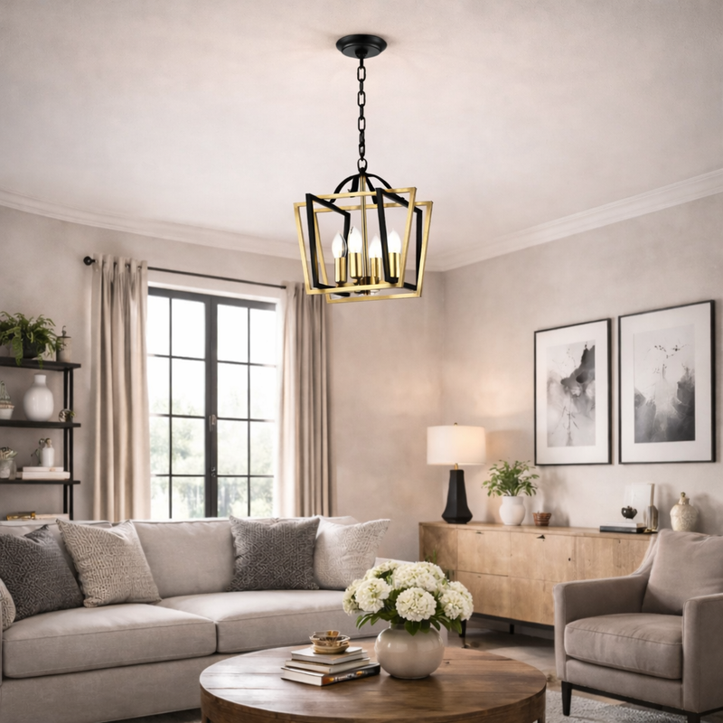 A contemporary pendant lantern light with a matt black and aged brass finish, featuring a geometric cage design with four bulb holders.