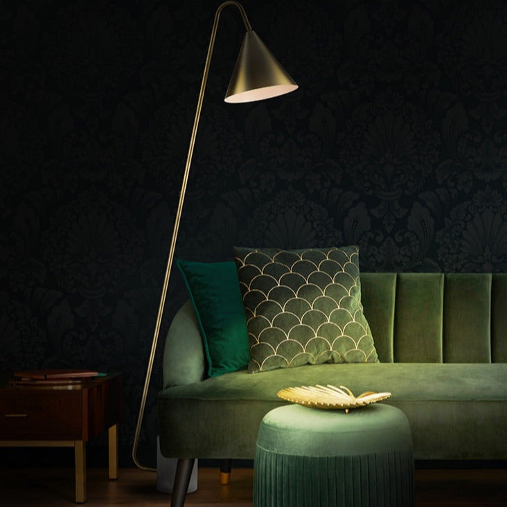 Stunning, stylish gilt metal floor lamp on a white marble base. The shade is satin brass with a white inner.&nbsp;&nbsp; A minimalist lamp perfect for a contemporary interior.&nbsp; The lamp is offset at an angle on a white marble plinth.&nbsp;