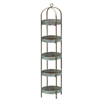 A unique and very pretty shelf unit with pierced metal detailing around shelves that can be lifted out and also used as trays. Finished in a rustic antique gold, this furniture piece has Moroccan vibes with five shelves encased in an outer frame that can fold flat.
