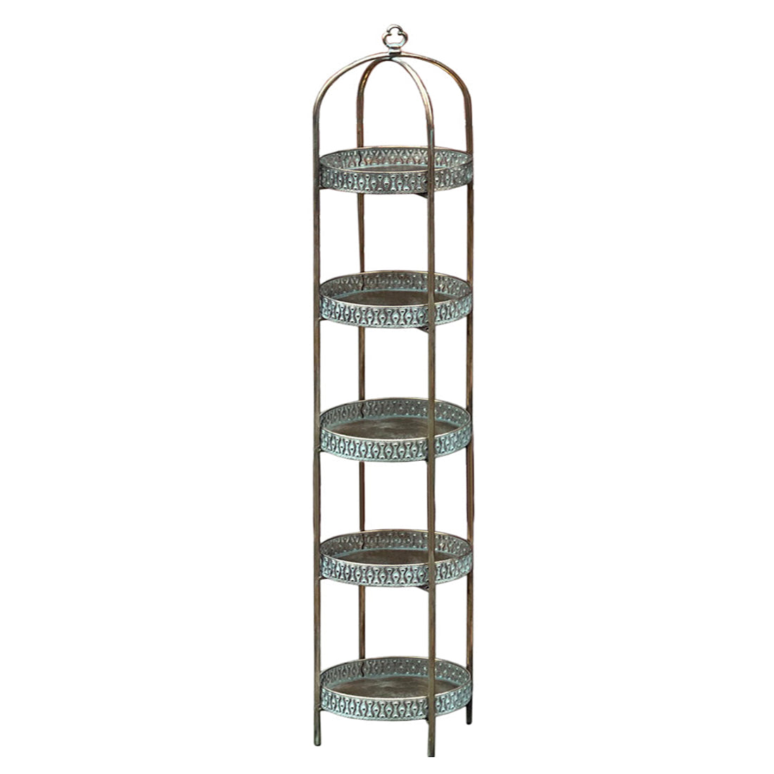 A unique and very pretty shelf unit with pierced metal detailing around shelves that can be lifted out and also used as trays. Finished in a rustic antique gold, this furniture piece has Moroccan vibes with five shelves encased in an outer frame that can fold flat.