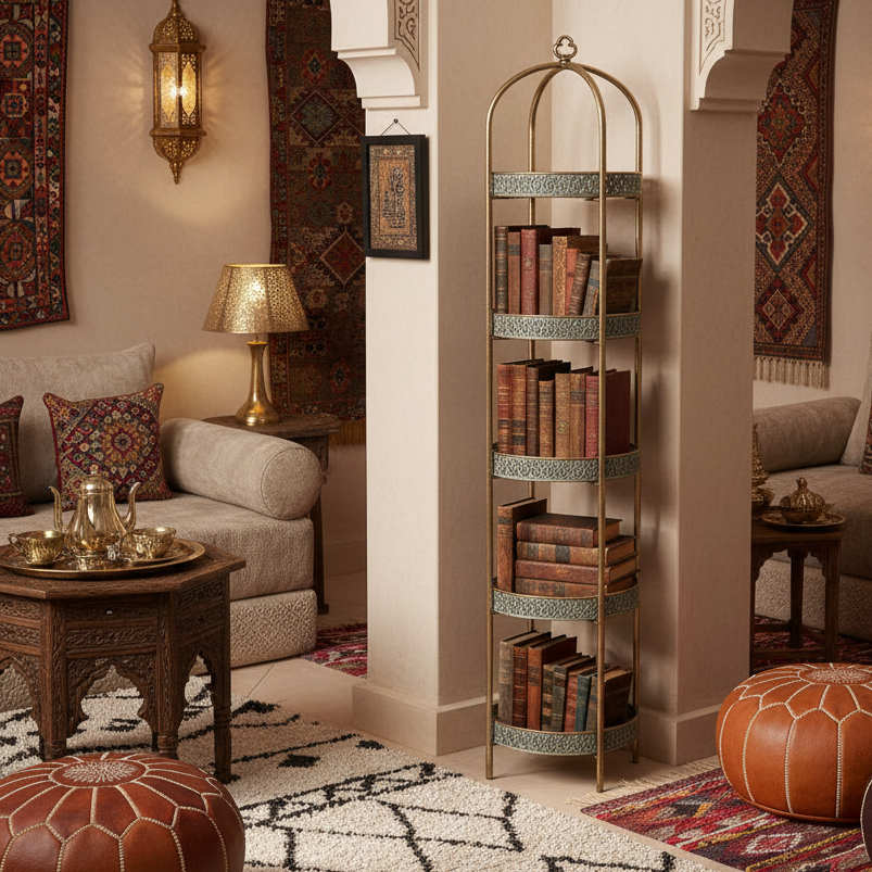 A unique and very pretty shelf unit with pierced metal detailing around shelves that can be lifted out and also used as trays. Finished in a rustic antique gold, this furniture piece has Moroccan vibes with five shelves encased in an outer frame that can fold flat.