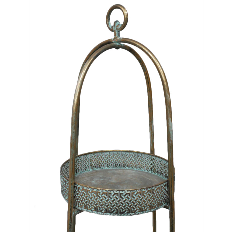 A unique and very pretty shelf unit with pierced metal detailing around the shelves which can be lifted out and also used as trays. Finished in a rustic antique gold colour, this metal unit has two shelves encased in an outer frame that can fold flat.
