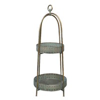 A unique and very pretty shelf unit with pierced metal detailing around the shelves which can be lifted out and also used as trays. ;Finished in a rustic antique gold colour, this metal unit has two shelves encased in an outer frame that can fold flat. 

