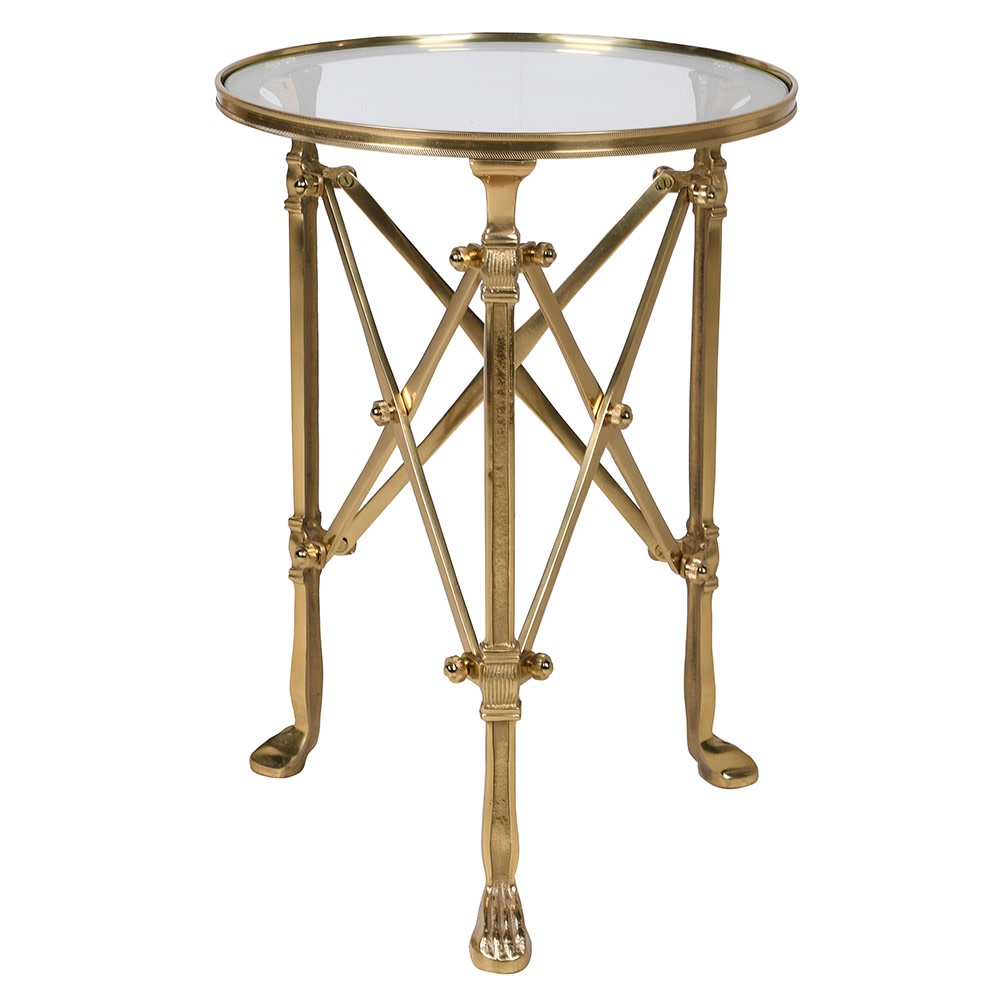 Antique brass and glass occasional table with multi support legs and struts.&nbsp; A really stunning statement side table that will add a lot of style to your sitting room.&nbsp; The main support of 3 antique brass footed legs is complimented by cross braces to give an architectural look. Exceptional quality and a nod to an Empire design.