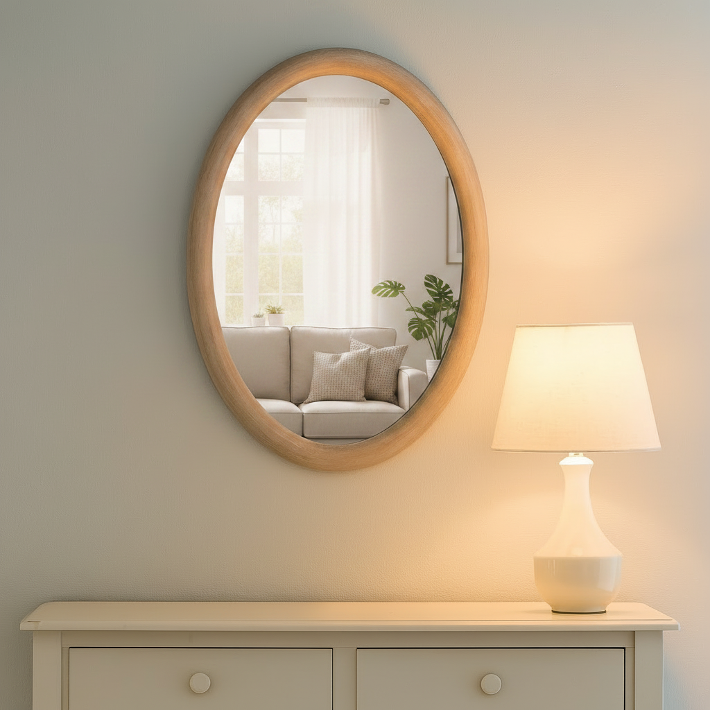 This Scandi-inspired oval wall mirror is designed with a smooth natural wood frame that adds warmth and minimal elegance to any room