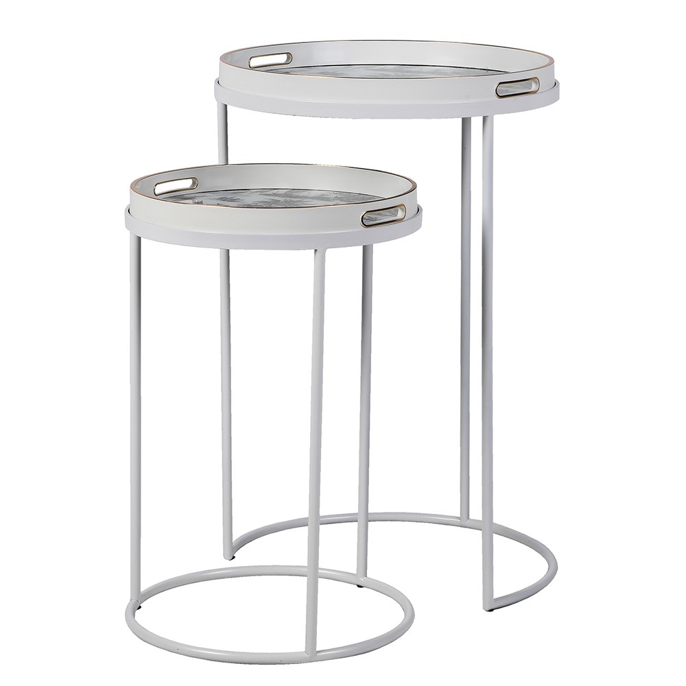 A very unusual set of two side tables, one nested below the other, circular tables on a white metal frame.&nbsp; The trays, which are detachable and can be used independently, have a traditional blue and white willow pattern style print on them. They are set off with a gold rim to the edge of the trays which lifts them and gives them a luxurious look. They combine modern minimalism with a classic scenic decorative top. Perfect in a contemporary setting, a cottage or period home.&nbsp;