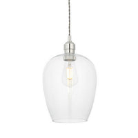 Tall clear glass pendant with nickel fitting and grey twisted flex. Over a kitchen island, in a hall or on a stairwell, very versatile lighting