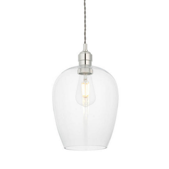 Tall clear glass pendant with nickel fitting and grey twisted flex. Over a kitchen island, in a hall or on a stairwell, very versatile lighting