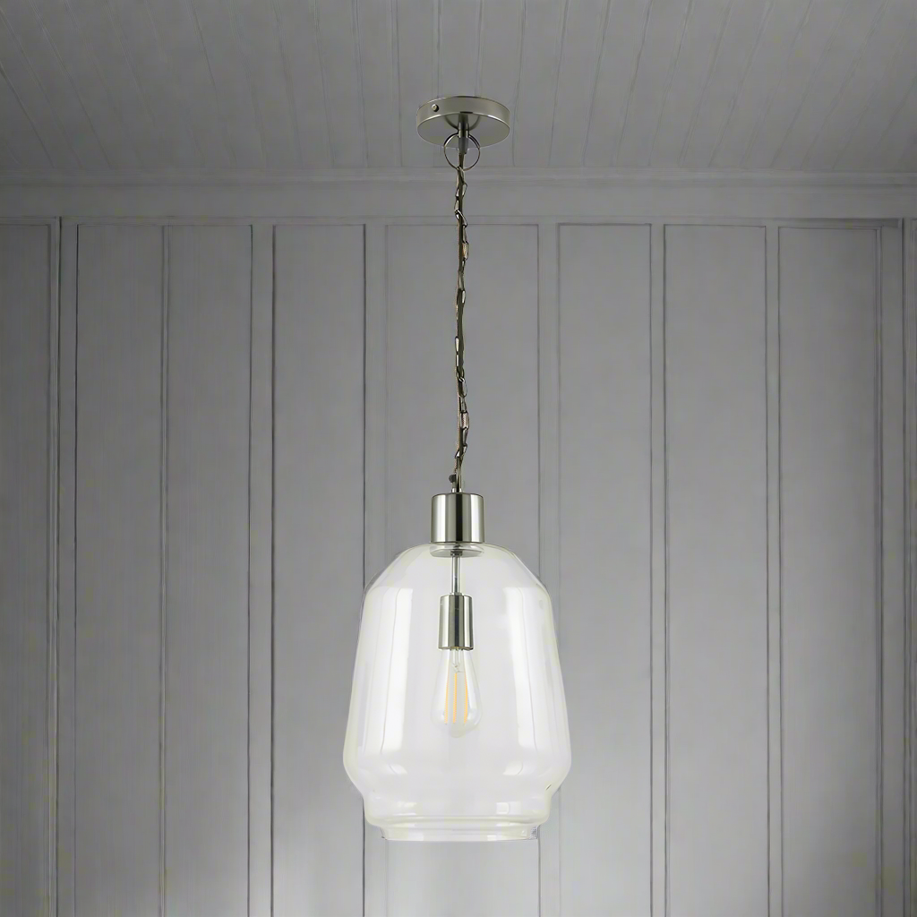 Clear glass pendant with black nickel hardware. A deep nickel finish for that industrial edge. Perfect kitchen or island pendant.