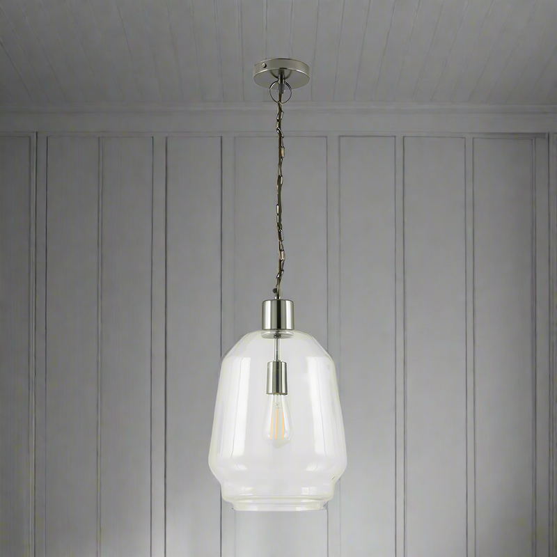 Clear glass pendant with black nickel hardware. A deep nickel finish for that industrial edge. Perfect kitchen or island pendant.