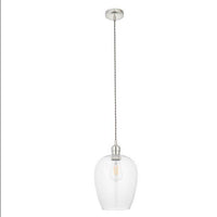 Tall clear glass pendant with nickel fitting and grey twisted flex. Over a kitchen island, in a hall or on a stairwell, very versatile lighting