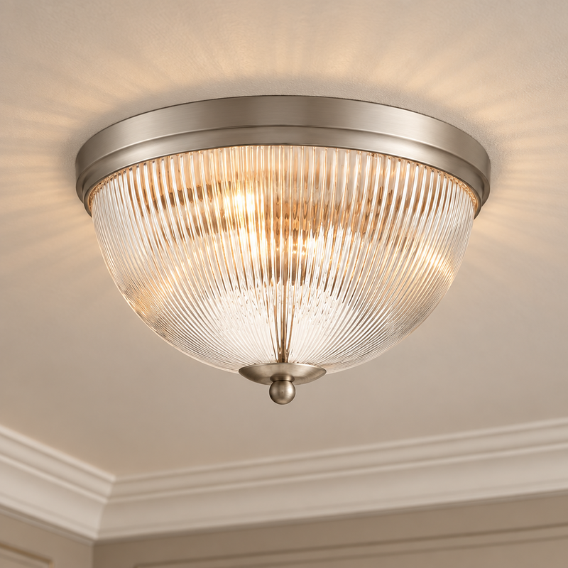 A flush-mount ceiling light fixture with a ribbed clear glass dome and nickel metal frame in a hallway