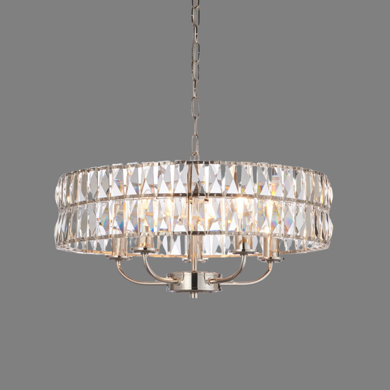 Nickel plated crystal chandelier, so decorative with 5 lights. A real statement chandelier, also available in a gold finish. Perfect glamourous light fitting. This fixture also comes in a brushed gold finish.