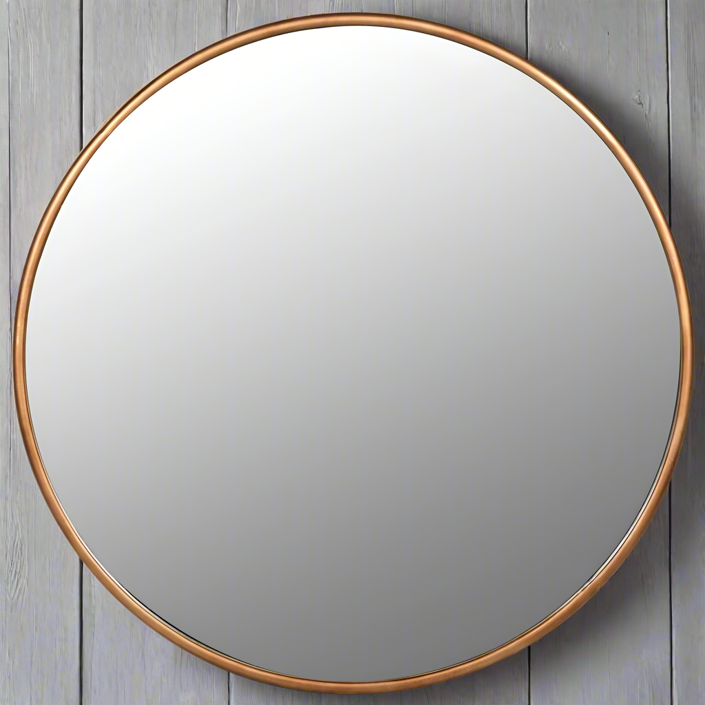 A supersized statement circular mirror finished in an antique brushed gold gilt solid metal frame on a neutral background


