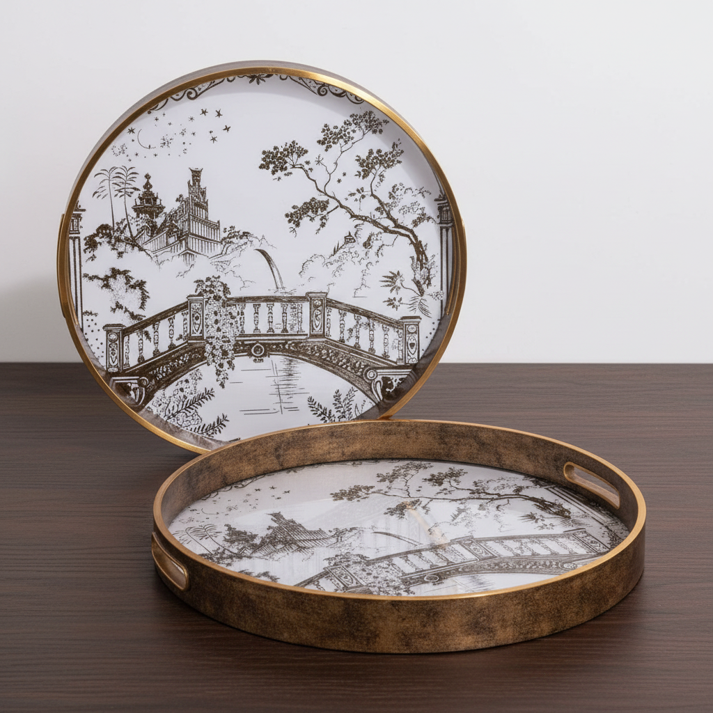 Decorative round tray with intricate black and white design on a wooden surface