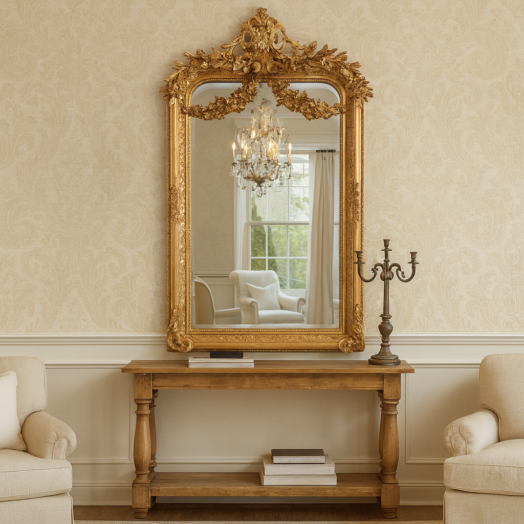 Transform any room with our ornate giltwood wall mirror. Measuring 158 x 85 cm, this exquisite piece is a true testament to Georgian neoclassical design, featuring intricate carvings of swags, garlands, and acanthus leaves.