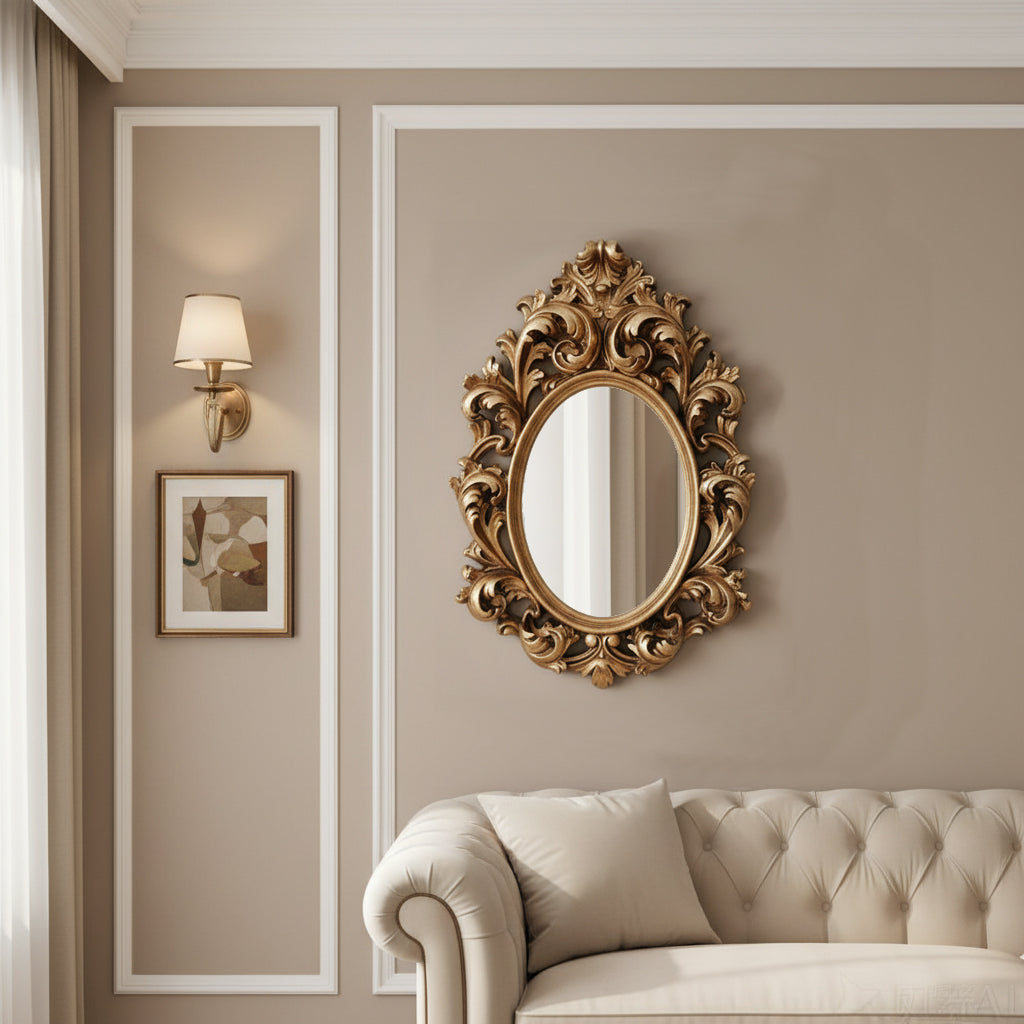 Decorative gold mirror on a wall with a sofa and framed picture in the background