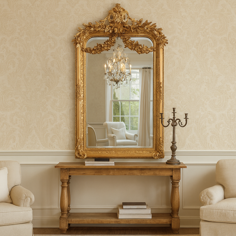 Transform any room with our ornate giltwood wall mirror. Measuring 158 x 85 cm, this exquisite piece is a true testament to Georgian neoclassical design, featuring intricate carvings of swags, garlands, and acanthus leaves.&nbsp;

This Georgian style giltwood wall mirror&nbsp; is more than just a functional piece—it’s a work of art. The elaborate frame showcases exceptional craftsmanship, with every detail meticulously hand-carved to perfection. Whether placed over a console table in your hall.