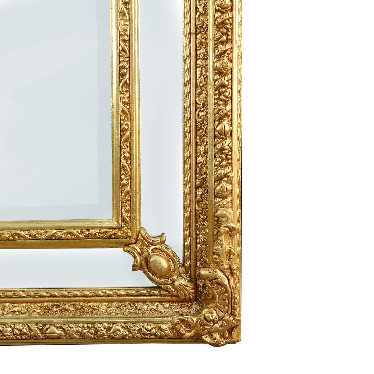 Extremely ornate arched gold mirror with beveled panels.&nbsp; This statement mirror would look amazing in a hallway, just opening up the space and adding a luxurious air to your entryway. In a living room to flash out light and give the illusion of extra space.&nbsp; Stunning rococo revival style with swags and medallions to the crown and heavily ornamented frame. The gilding is a beautifully opulent gilt leaf giving the frame an opulent lustre.&nbsp;&nbsp;

There is no room in the house that would not ben
