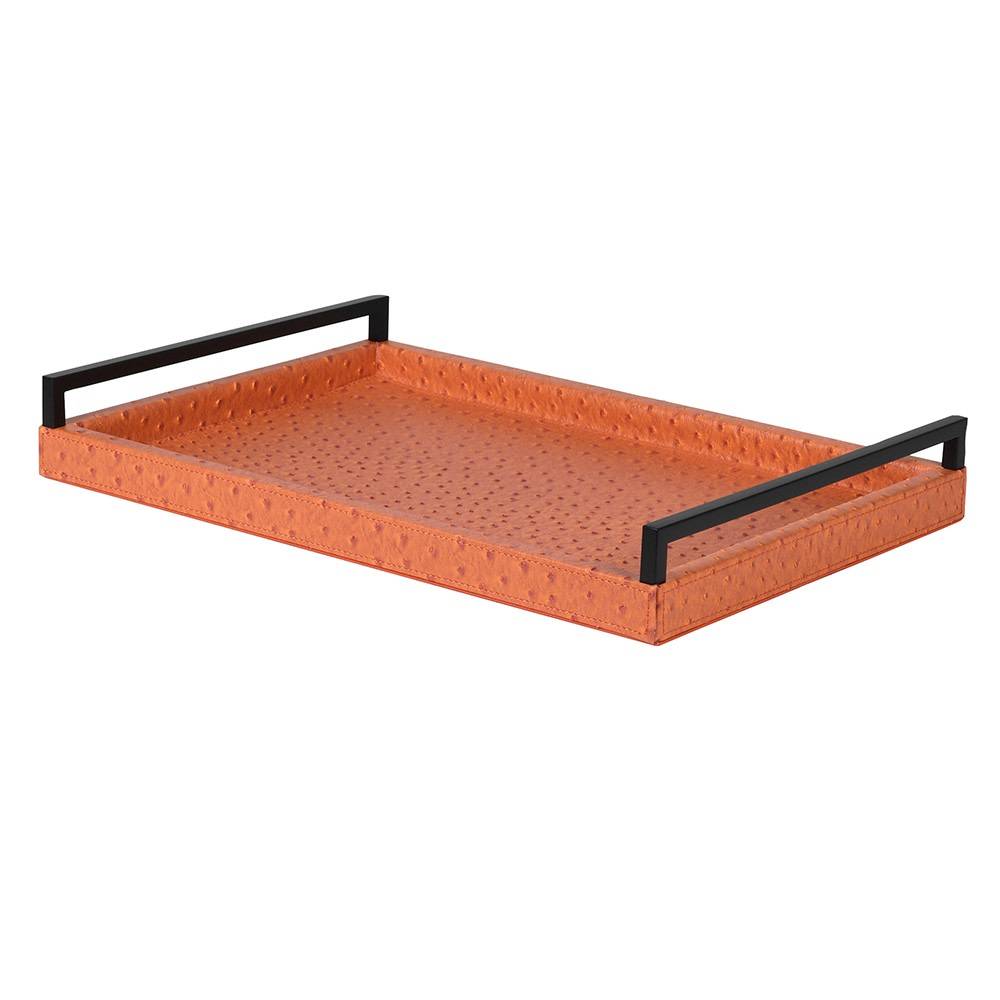 A burnt orange coloured faux leather tray with long black metal handles to each end. A particularly smart, high end look. Acessories, such as trays just add warmth and sophistication to your interior. The earthy, warm colour of this particular tray will pop in any setting.