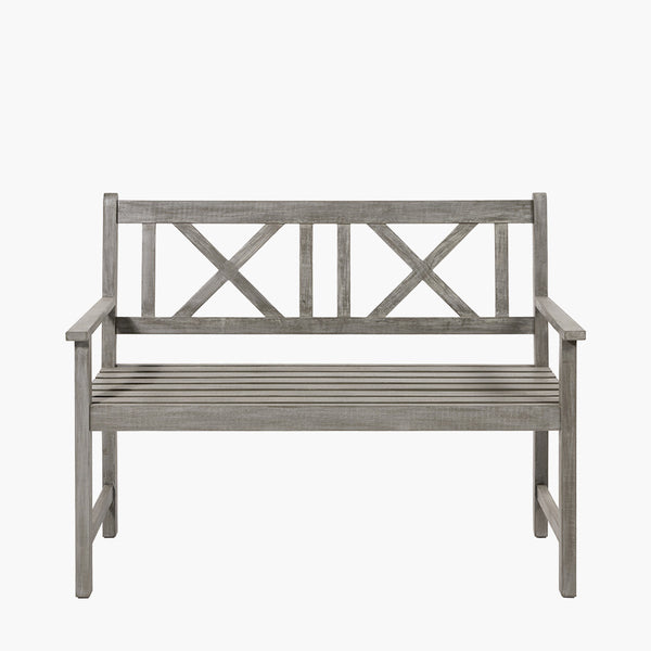 2 Seater grey wooden bench. Simple, classic style in a durable acacia wood, perfect for the garden.