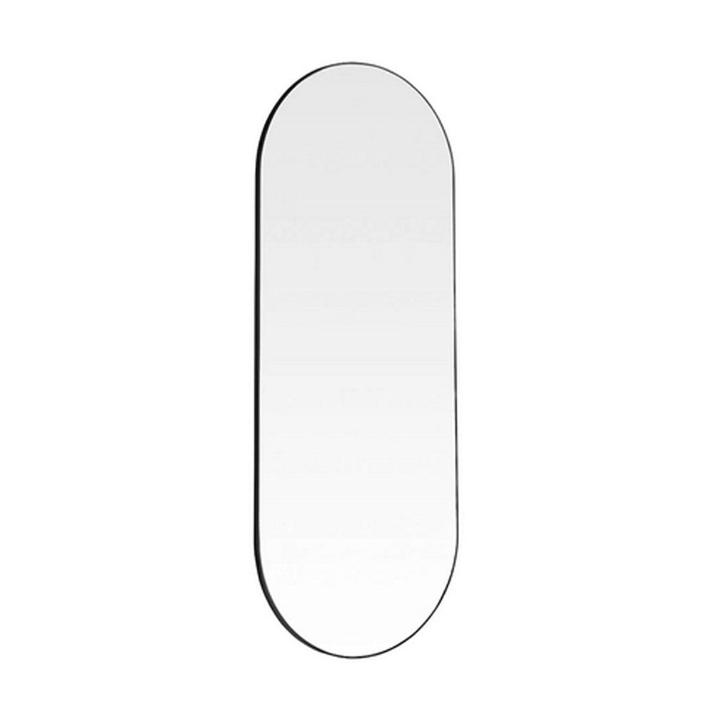 This tall oval mirror is enhanced by a minimal black metal frame, perfect for adding light to the darkest of spaces.