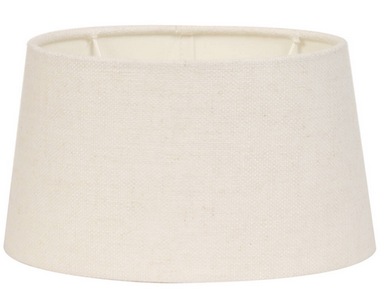 A good quality oval linen lampshade reduced In The Chiswick store because we only have one available.&nbsp;   H: 12 cm W: 21 cm D: 13 cm&nbsp;  One reduced in store from £45 to £25.  Please contact us if you would like to order this lampshade in volume.&nbsp; Lead time for more stock is 12 to 16 weeks.