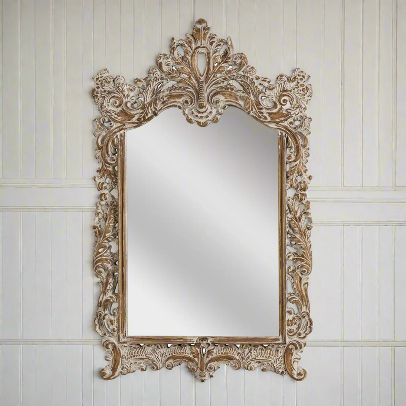 Exceptionally large and decorative scroll mirror in a limewashed ornate frame. The size and style of this mirror is magnificent, in a period home or as the focal point in the hall of your country pile,&nbsp;


H: 144 cm W: 86 cm