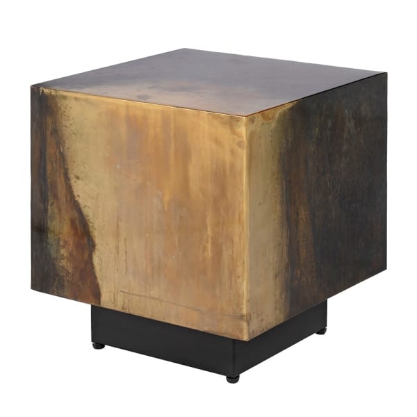 Unusual industrial style side table made of oxidised iron on a plinth.&nbsp; The metal is varying different colours depending on how the metal has reacted.&nbsp; This piece is perfect for an industrial urban interior or gallery style space that can show this spectacular table off to its best advantage.&nbsp;&nbsp;