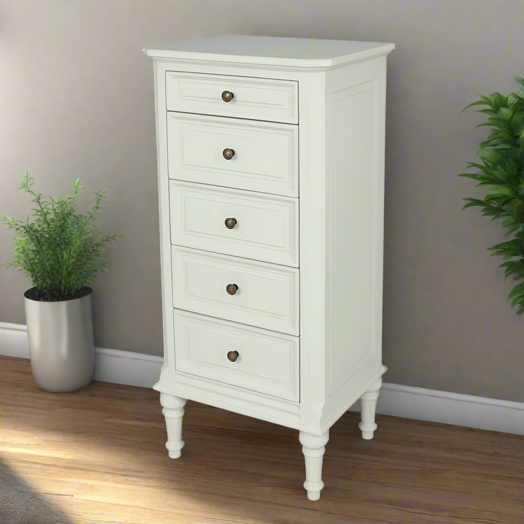 Five drawer painted wooden tallboy, a great storage solution in your bedroom. The tallboy at 40 cm deep has a small footprint making it a great space-saver. 