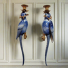 Pair Bronze & Porcelain Blue Parrot Wall Candleholders