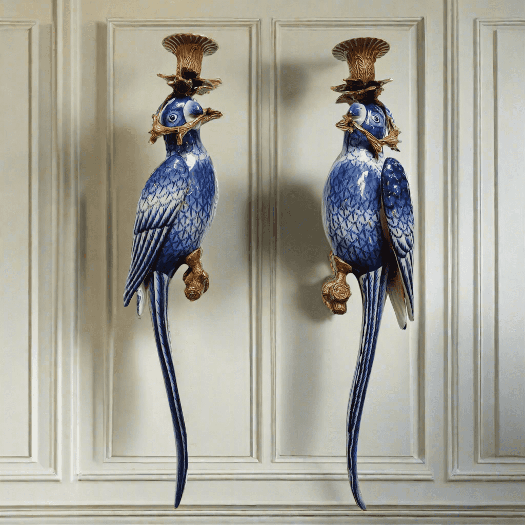 Blue and gold parrot wall candleholders for home decor