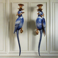 Pair Bronze & Porcelain Blue Parrot Wall Candleholders