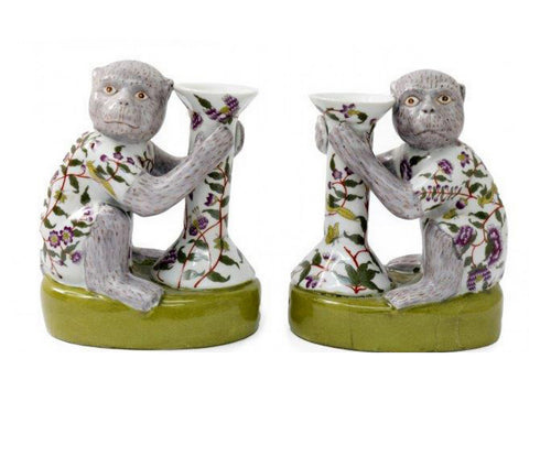 Pair Porcelain Monkey Candleholders