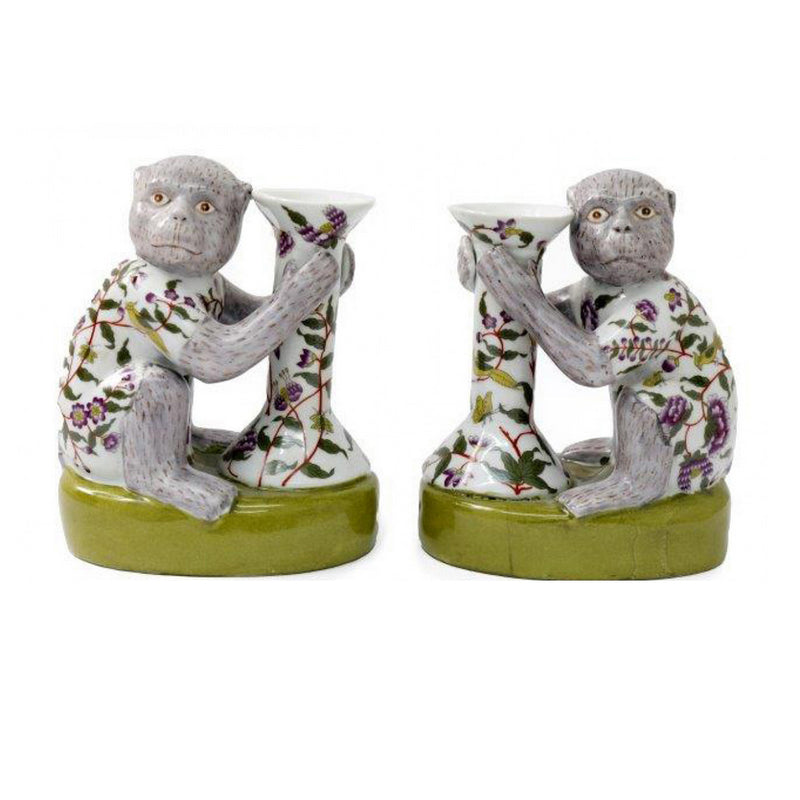 Pair Porcelain Monkey Candleholders