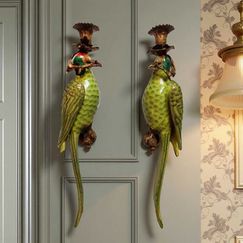 Pair of bronze parrot wall candleholders with green and brown accents for elegant home decor
