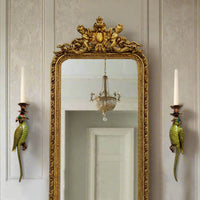 Pair Bronze & Porcelain Green Parrot Wall Candleholders