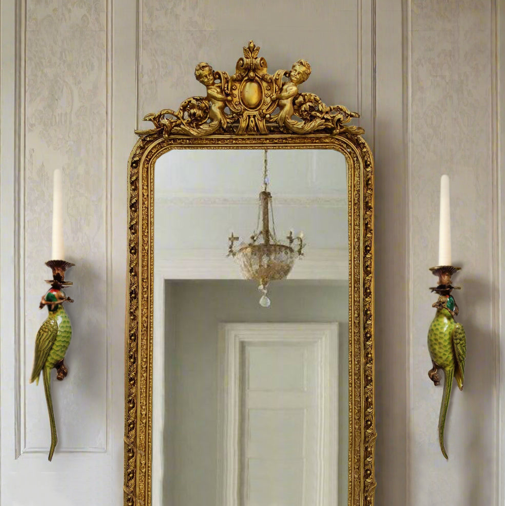 Pair Bronze & Porcelain Green Parrot Wall Candleholders