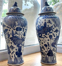Extra large ginger jars with 'fish' decoration.&nbsp; The scale of these jars makes them perfect to decorate either side of a door or entryway&nbsp; The ultimate classic 'country house' decor that works just as well in a period town home.&nbsp; Adding a sophisticated appeal, great decorative statement pieces, brilliant either side of a large fireplace, at the foot of a staircase to give a classic period look. They are made in the same way as the original jars, in the same colour palette of traditional cobal
