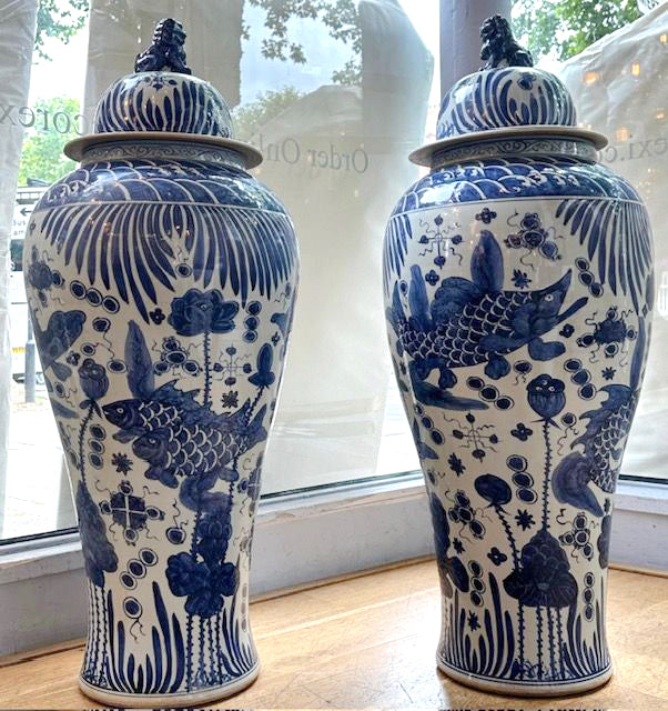 Extra large ginger jars with 'fish' decoration.&nbsp; The scale of these jars makes them perfect to decorate either side of a door or entryway&nbsp; The ultimate classic 'country house' decor that works just as well in a period town home.&nbsp; Adding a sophisticated appeal, great decorative statement pieces, brilliant either side of a large fireplace, at the foot of a staircase to give a classic period look. They are made in the same way as the original jars, in the same colour palette of traditional cobal