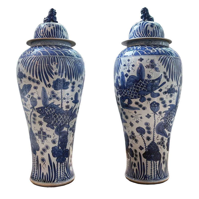 Extra large ginger jars with 'fish' decoration.&nbsp; The scale of these jars makes them perfect to decorate either side of a door or entryway&nbsp; The ultimate classic 'country house' decor that works just as well in a period town home.&nbsp; Adding a sophisticated appeal, great decorative statement pieces, brilliant either side of a large fireplace, at the foot of a staircase to give a classic period look. They are made in the same way as the original jars, in the same colour palette of traditional cobal