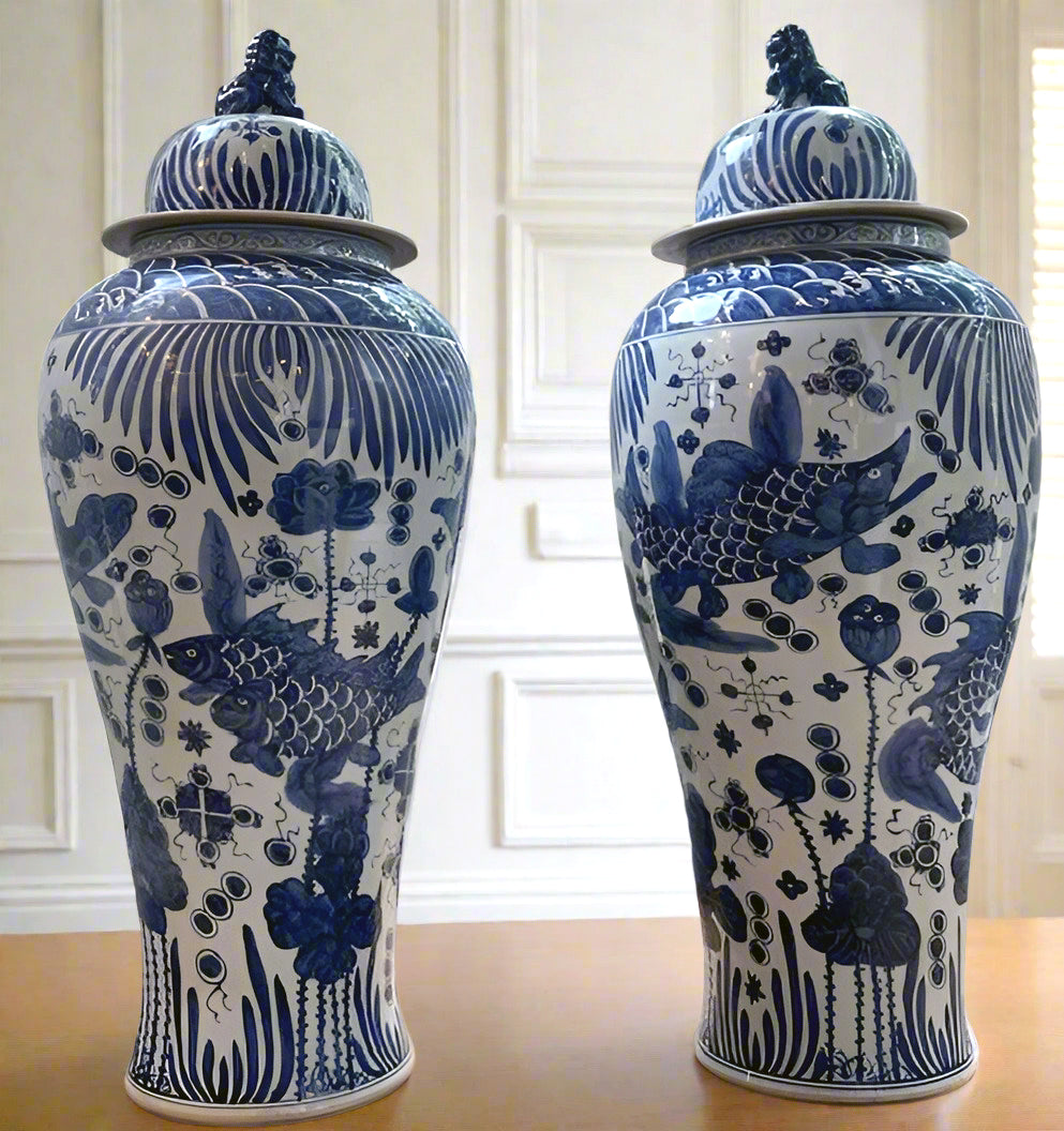 Extra large ginger jars with 'fish' decoration.&nbsp; The scale of these jars makes them perfect to decorate either side of a door or entryway&nbsp; The ultimate classic 'country house' decor that works just as well in a period town home.&nbsp; Adding a sophisticated appeal, great decorative statement pieces, brilliant either side of a large fireplace, at the foot of a staircase to give a classic period look. They are made in the same way as the original jars, in the same colour palette of traditional cobal