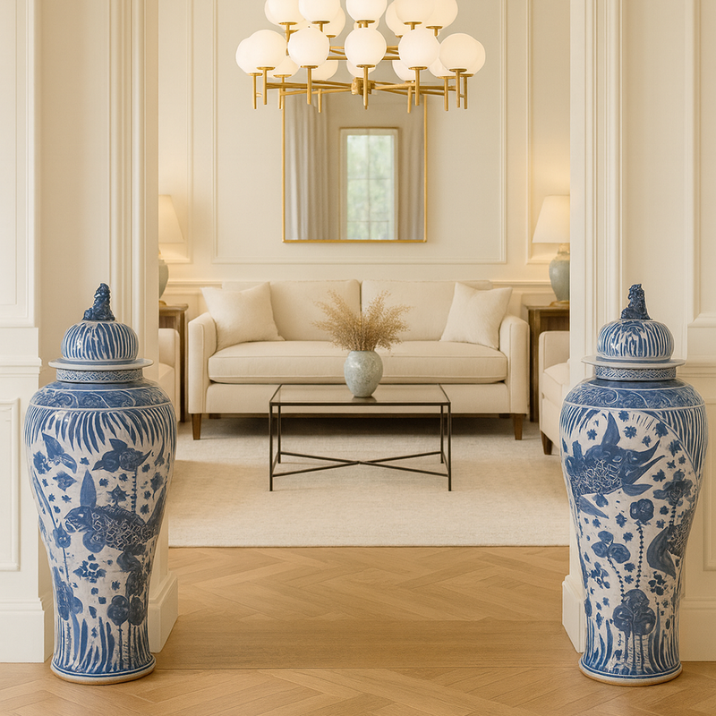 Elevate your home decor with this exquisite pair of extra-large floor ginger jars, each standing an impressive 110 cm tall. Featuring intricate 'fish' motifs in timeless cobalt blue and white, they bring classic elegance to any space.

Perfect for flanking doorways, fireplaces, or staircases, these handcrafted jars suit both country homes and period townhouses, while blending seamlessly with traditional or contemporary interiors.