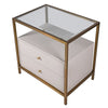 A stunning bedside table consisting of two pale wooden drawers set in a glass and gilt frame. Luxurious bedsides can make a bedroom and this example with sleek metal frame in a brushed brass finish is one of the best.&nbsp; The frame is topped with glass and there is space between the glass and the drawer to be used as a useful open shelf. A great contemporary look, exceptional quality, perfect luxury bedroom furniture.