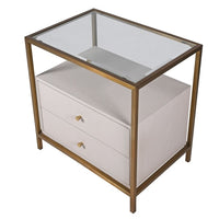 A stunning bedside table consisting of two pale wooden drawers set in a glass and gilt frame. Luxurious bedsides can make a bedroom and this example with sleek metal frame in a brushed brass finish is one of the best.&nbsp; The frame is topped with glass and there is space between the glass and the drawer to be used as a useful open shelf. A great contemporary look, exceptional quality, perfect luxury bedroom furniture.