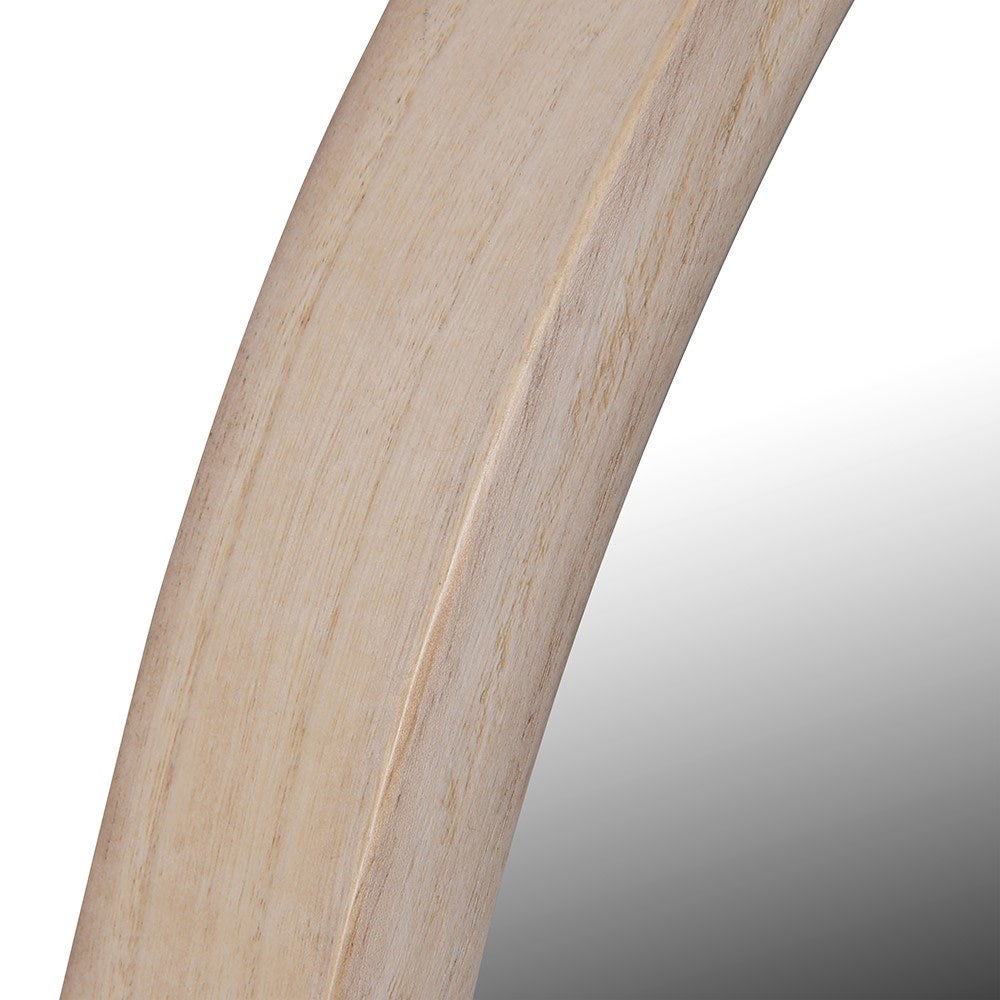 Pale wooden coloured arched mirror, tall and wide, A great overmantle mirror. The unusual wooden frame has a Scandi feel and would suit a hall, over a wooden console. In a living space or kitchen the size of this mirror would accentuate the light in any space