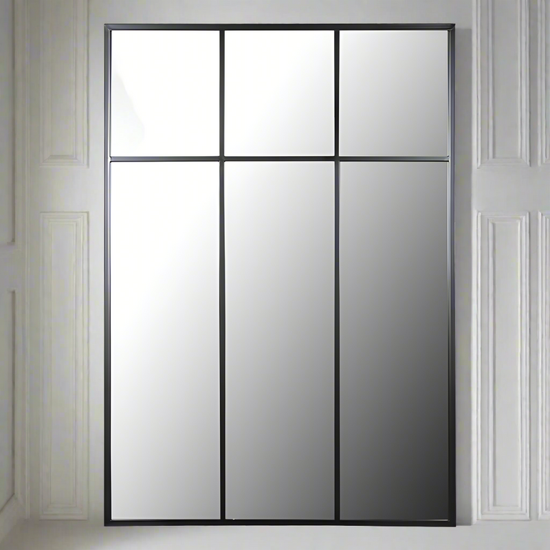 Tall, black metal rectangular mirror with three squares to the top, a great window mirror. Perfect used outside or indoor. Always a great way to allow light and perspective into an industrial space. 