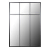 Tall, black metal rectangular mirror with three squares to the top, a great window mirror. Perfect used outside or indoor.Always a great way to allow light and perspective into a space. 