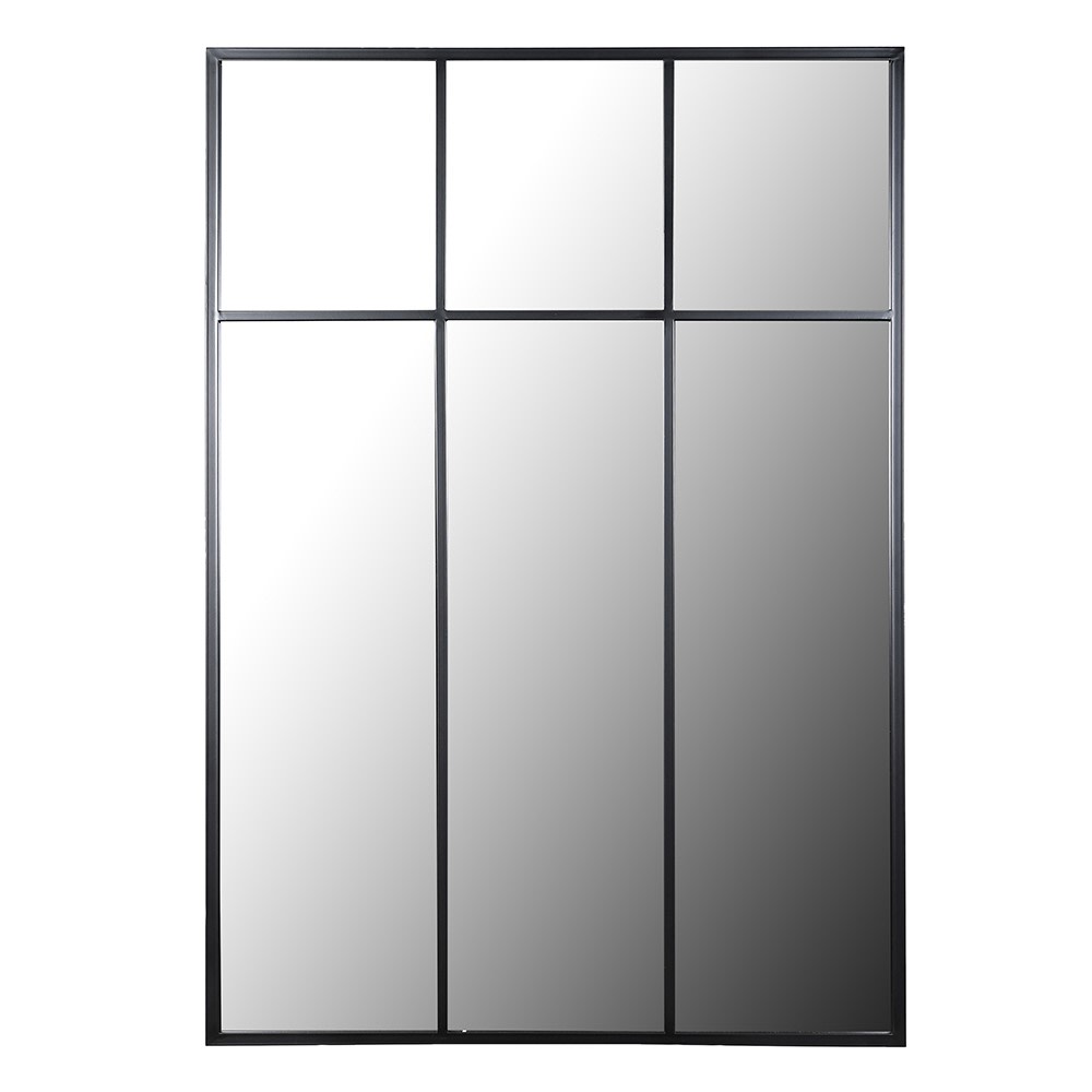 Tall, black metal rectangular mirror with three squares to the top, a great window mirror. Perfect used outside or indoor.Always a great way to allow light and perspective into a space. 